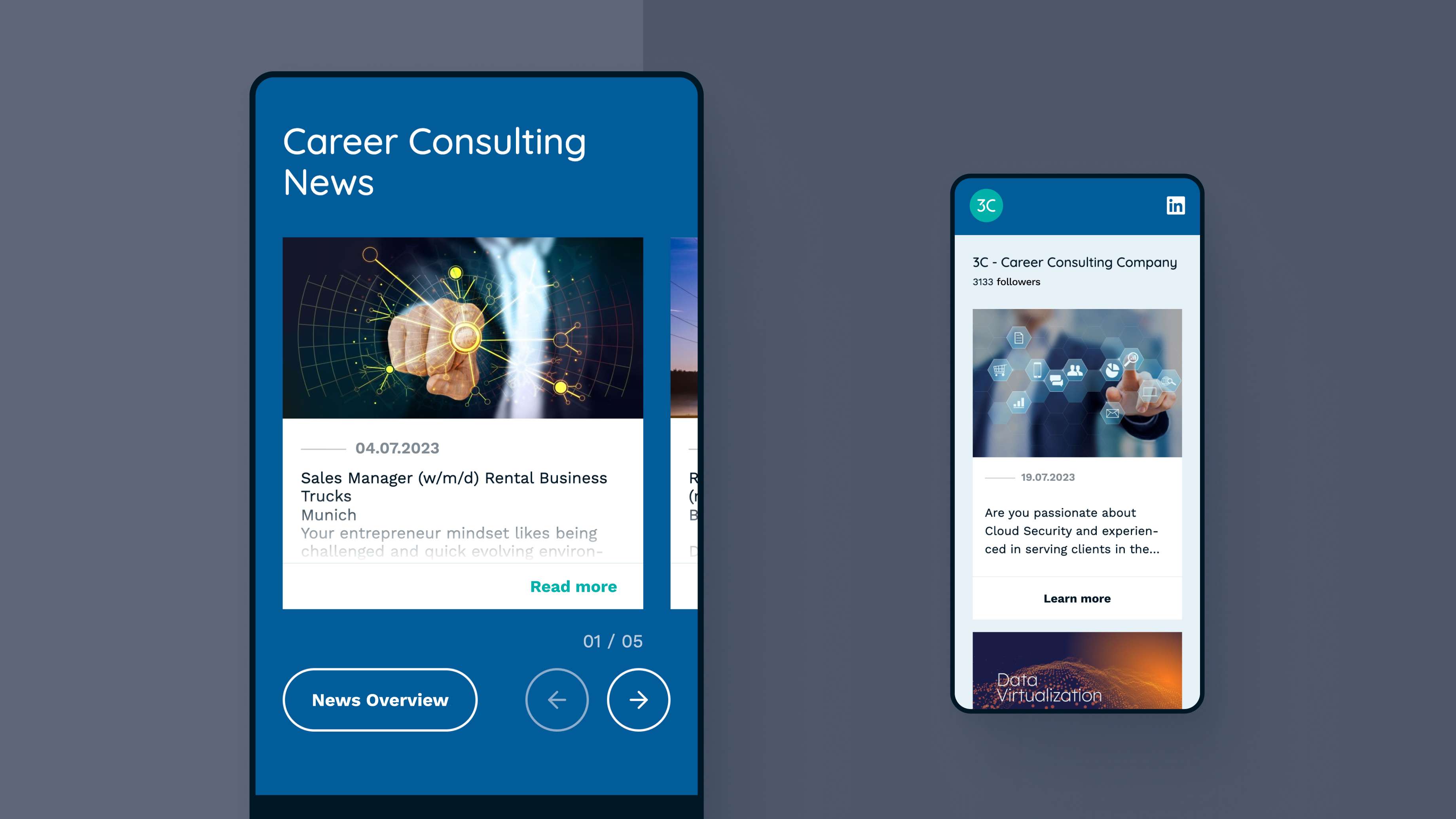 Mockups von der 3C-Career Consulting-Seite in einem Tablet und einem Smartphone, abgebildet ist eine Stellenanzeige