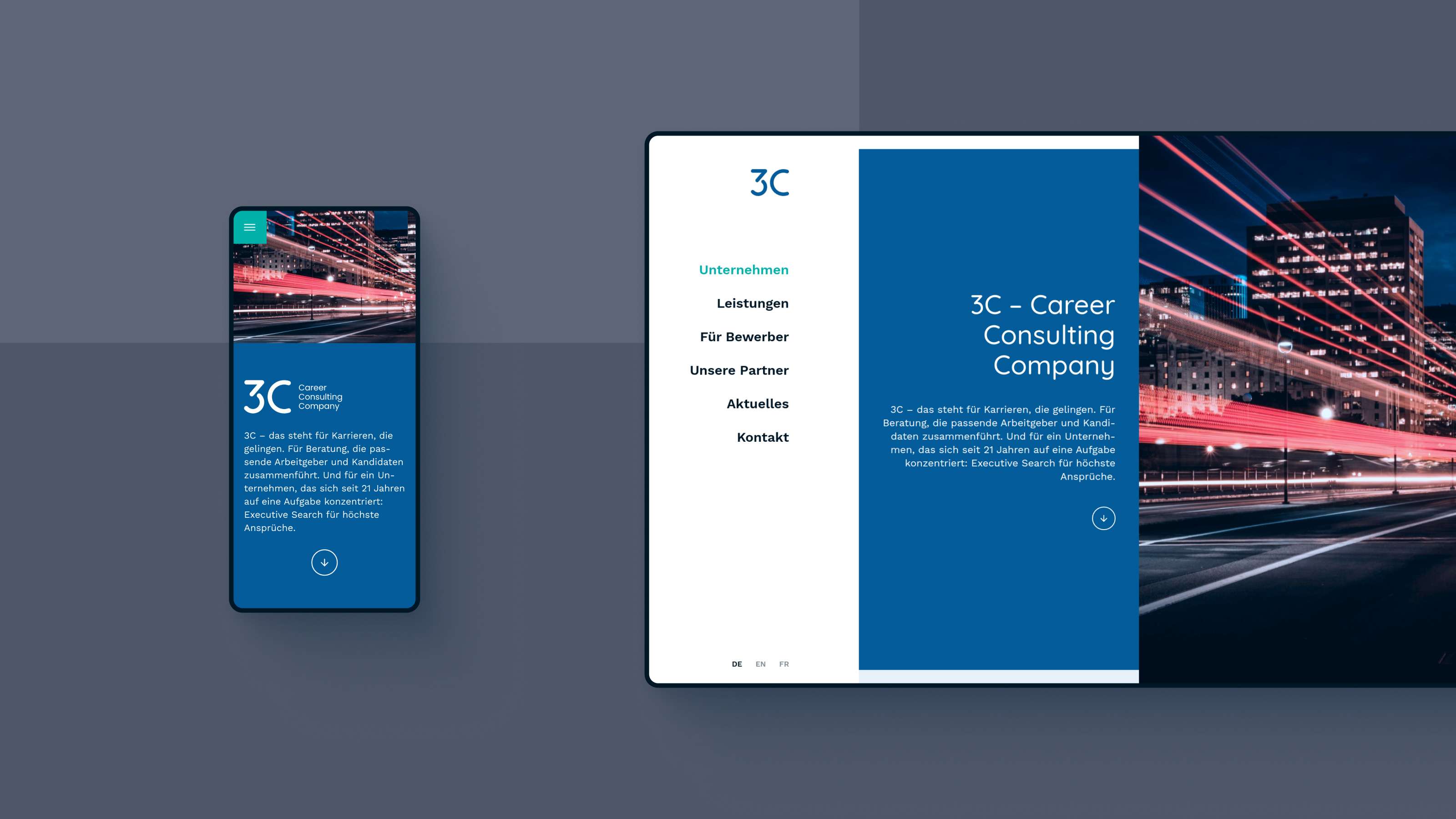 Mockup von der Unternehmen-Seite der 3C-Website in einem Tablet und einem Smartphone