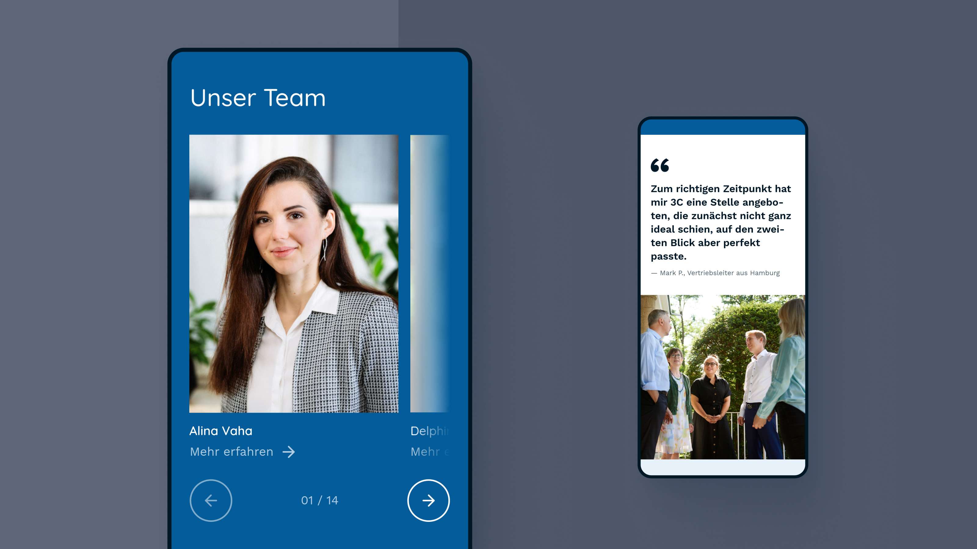 Mockup von der Seite „unser Team“ auf der beispielhaft eine der Mitarbeitenden von 3C abgebildet ist in einem Tablet, und einem Zitat des Vertriebsleiters in einem Smartphone