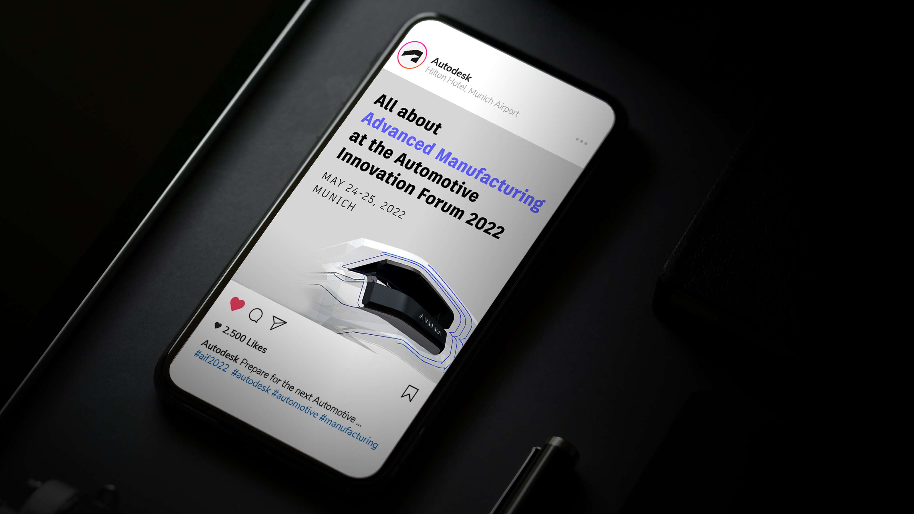 Mockup eines Instagram-Posts in einem Smartphone, der auf das Automotive Innovation Forum 2022 hinweist