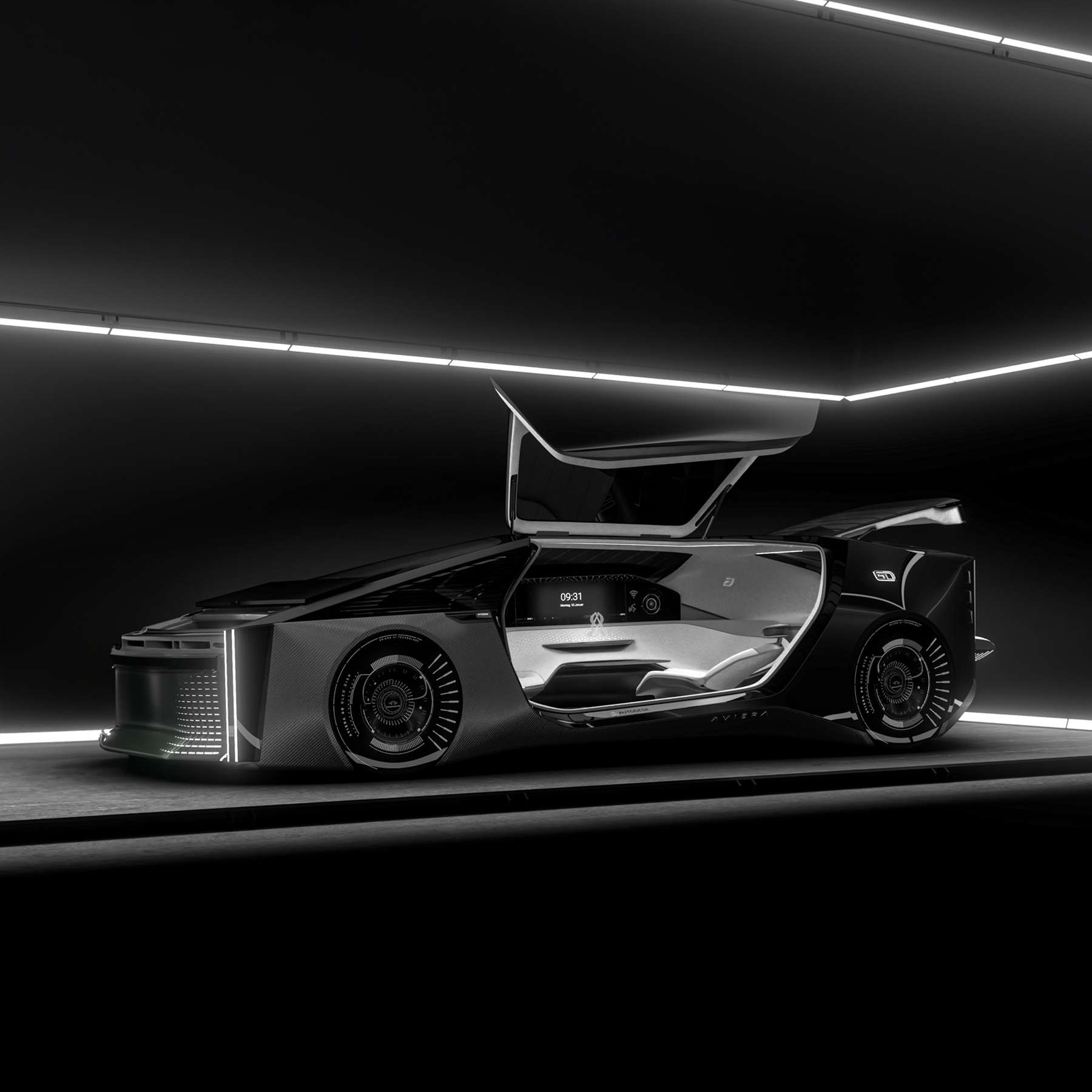 Schwarzes futuristisches Auto mit Flügeltüren vor einer edlen schwarzen Kulisse mit LED-Streifen