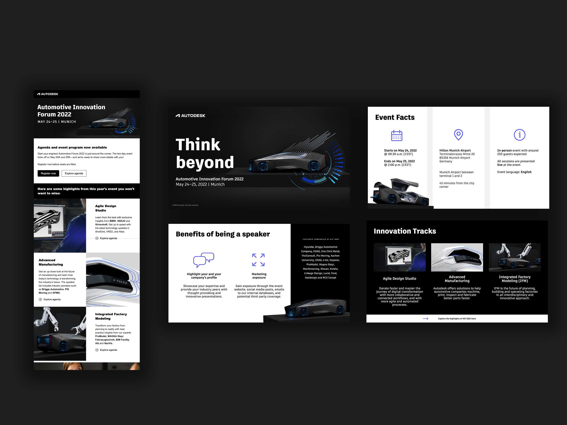 Screenshots von den EDMs und der Landingpage zum Automotive Innovation Forum 2022 mit Event Facts, Vorteilen für Speaker und Trailern zur Agenda