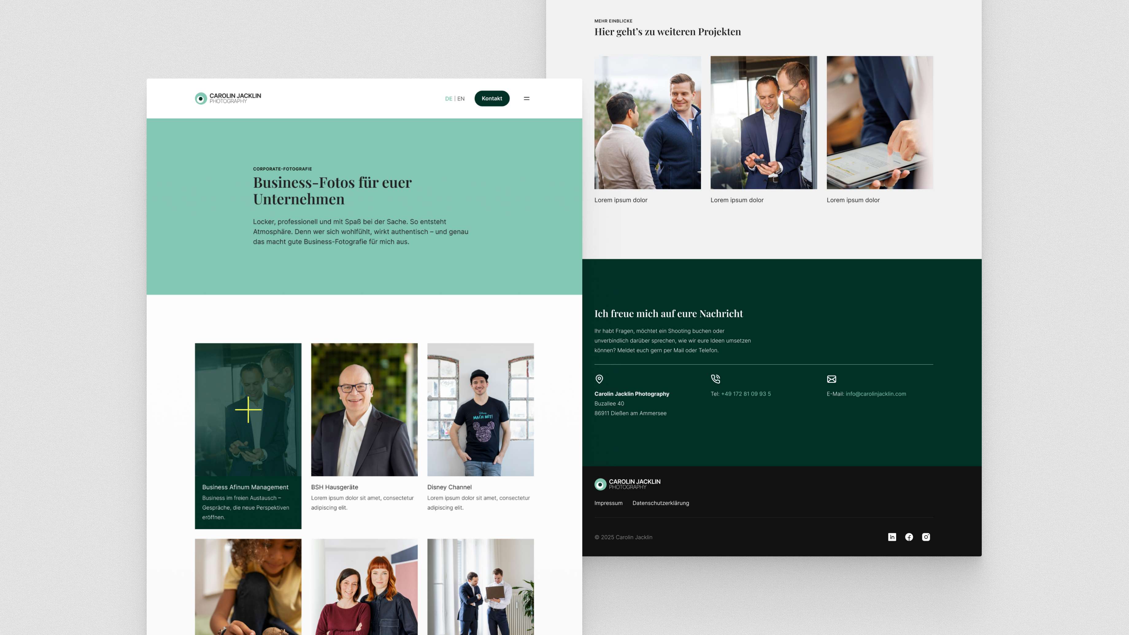 Abbildung von zwei Ausschnitten der Carolin Jacklin Photography Website mit Projektgalerie, Porträts und Kontaktbereich auf grünem Hintergrund.