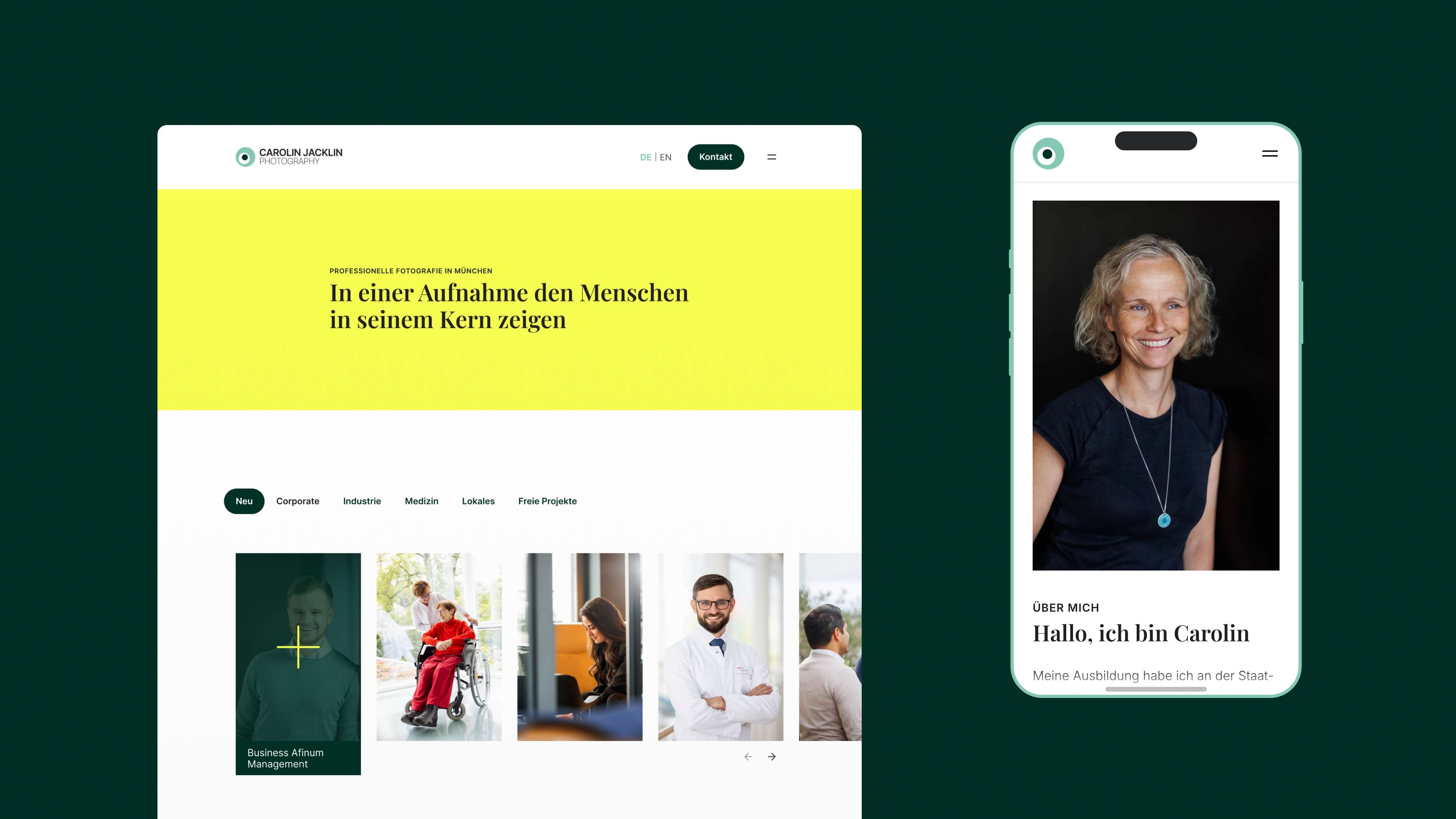 Ausschnitt der Website von Carolin Jacklin Photography in kräftigen Farben auf dunkelgrünem Hintergrund und eine Abbildung eines Smartphones, das eine lächelnde Frau zeigt.