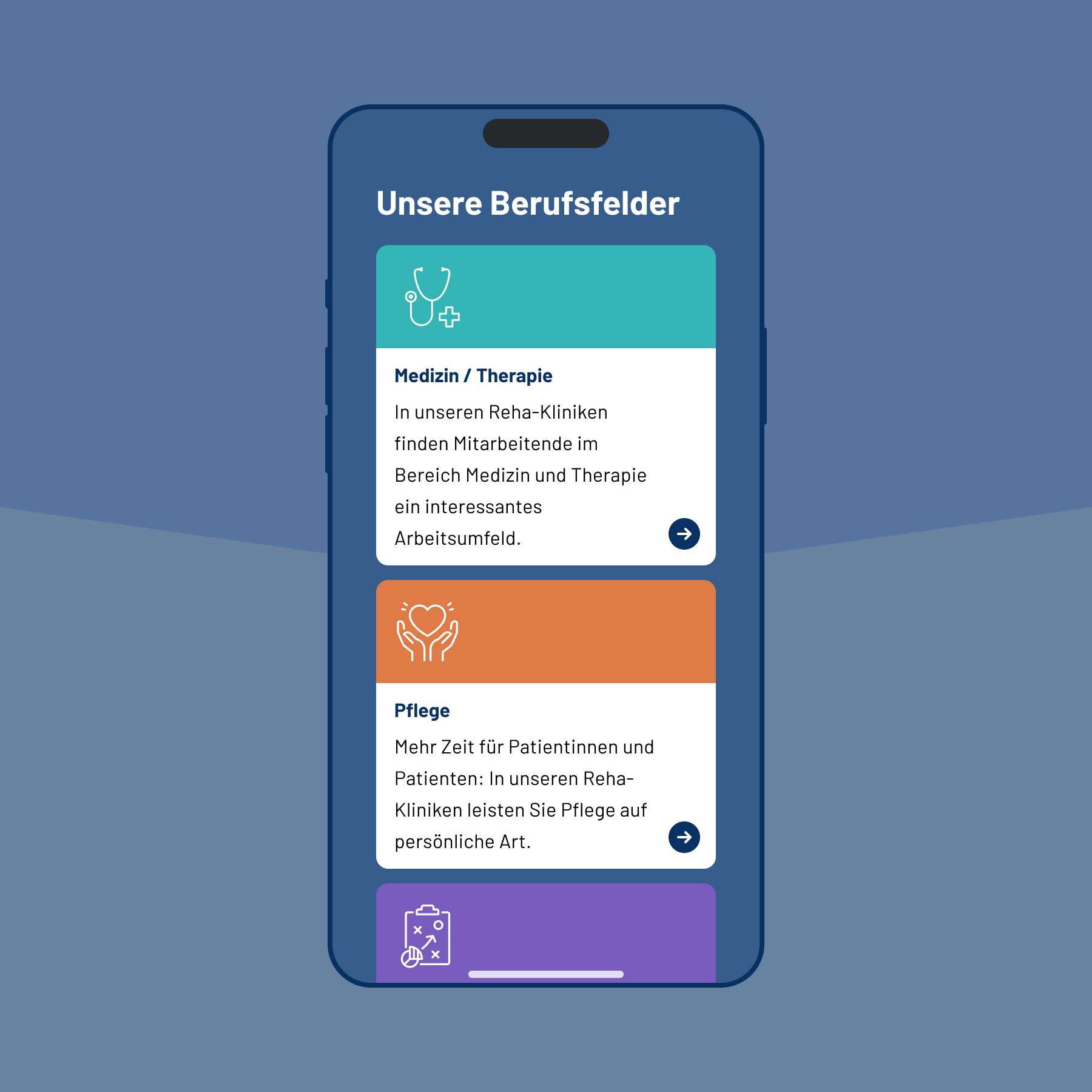 Abbildung eines Smartphone-Bildschirms vor blauem Hintergrund – mit Informationen zu Berufsfeldern in Medizin/Therapie und Pflege.