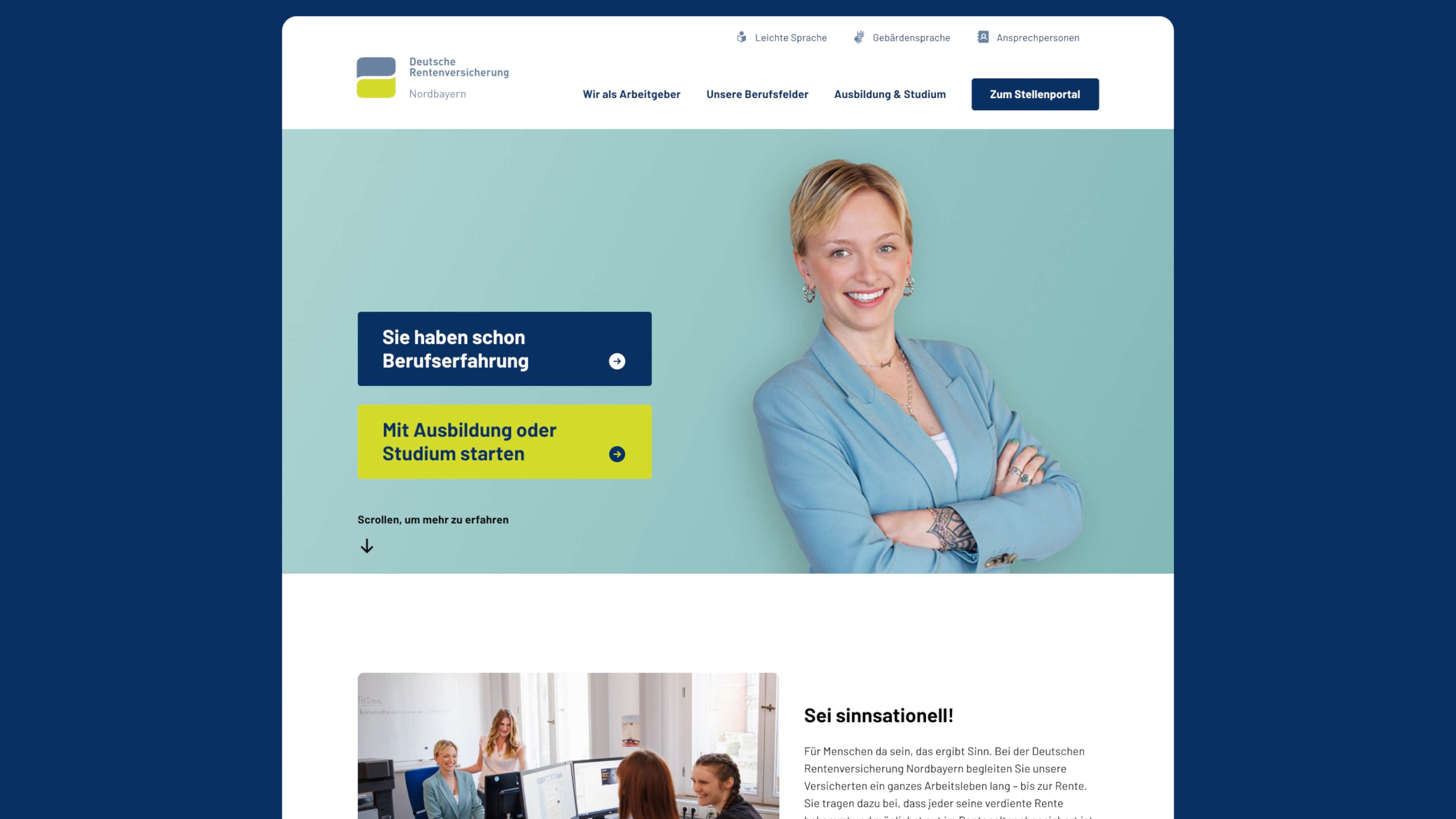 Abbildung einer Webseite mit einer lächelnden Frau in einem blauen Blazer und Informationen zu Stellen- und Studienangeboten der Deutschen Rentenversicherung.