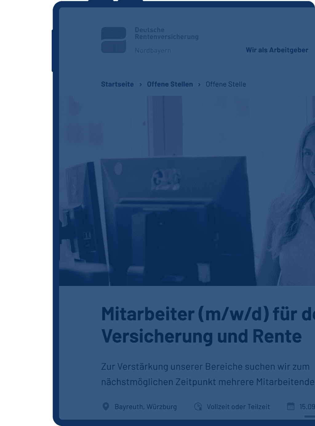 Webseite mit Informationen zu einer Stellenanzeige für einen Mitarbeiter in der Versicherungs- und Rentenbranche, über die eine transparente blaue Fläche liegt.