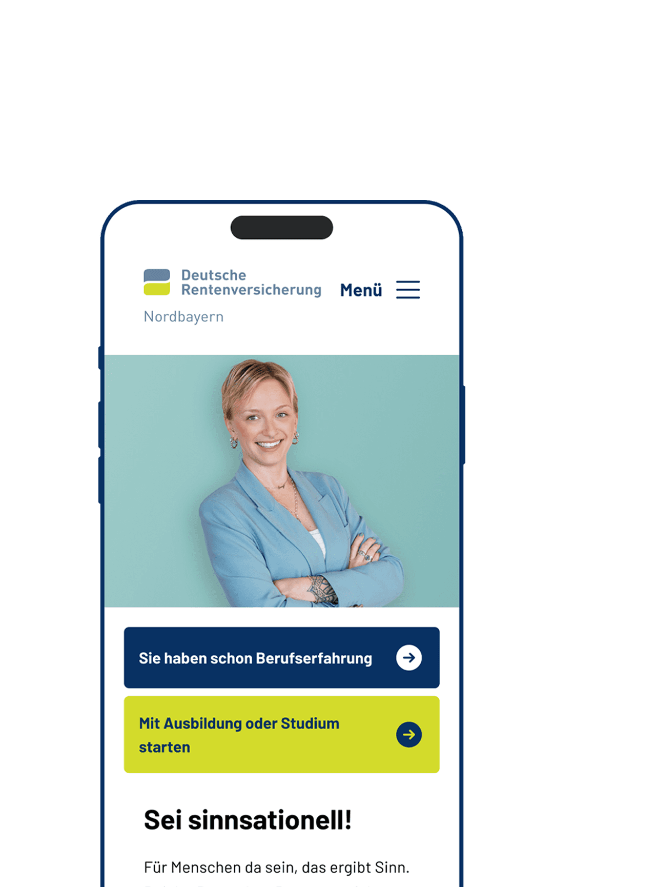 Abbildung eines Smartphones vor weißem Hintergrund, das die Webseite der Deutschen Rentenversicherung mit einer lächelnden Frau und zwei farbigen Buttonflächen zeigt.