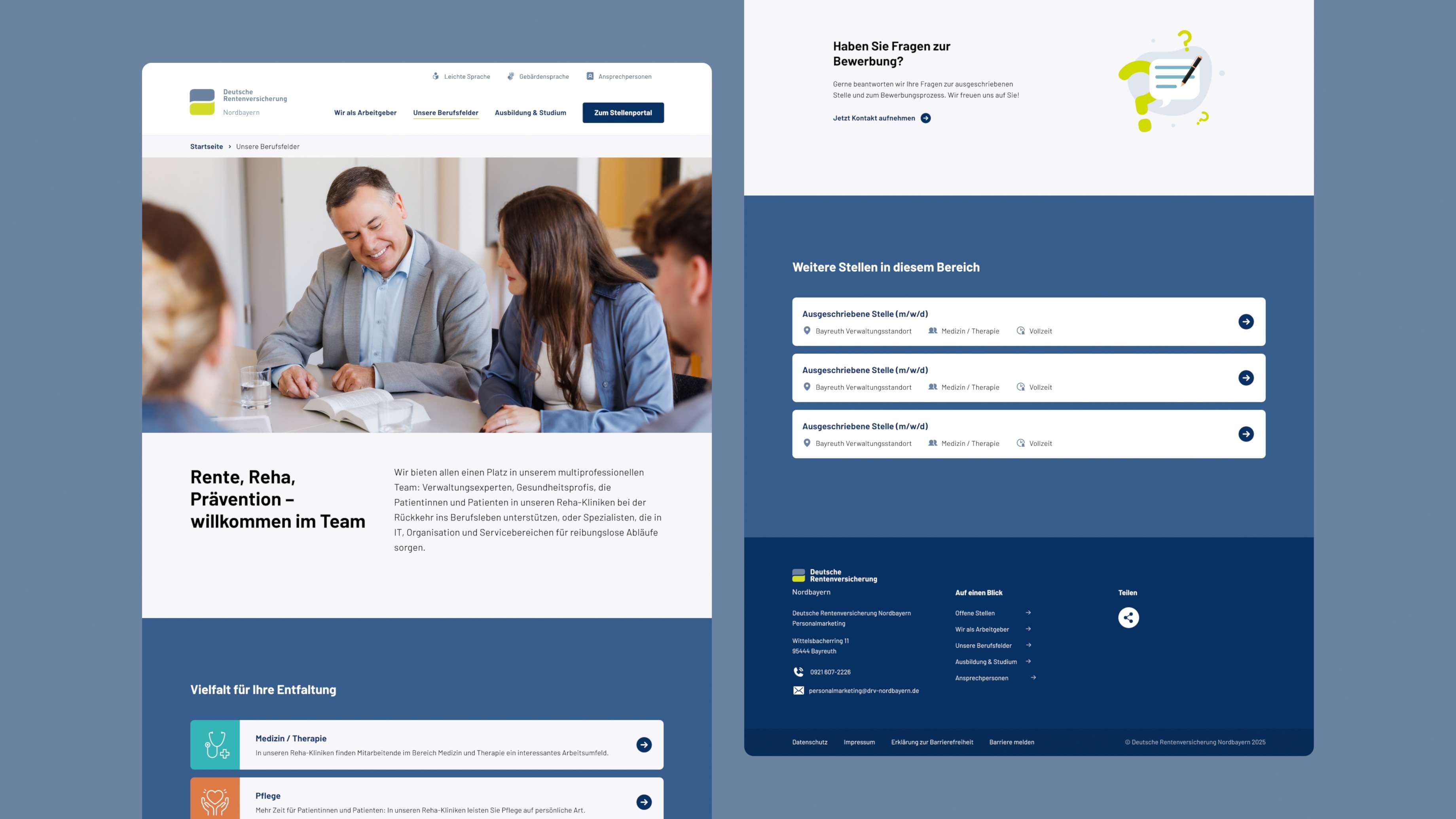 Verschiedene Ansichten der Webseite der Deutschen Rentenversicherung, auf der es um Karriere und Stellenangebote geht.