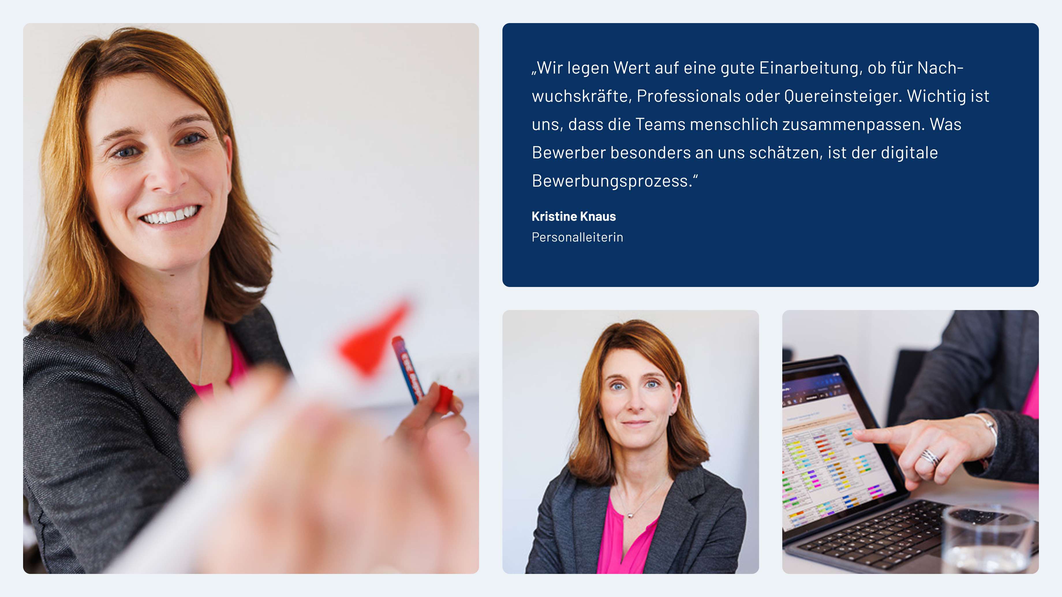 Verschiedene Text- und Bildelemente einer Website, unter anderem ein Zitat auf blauem Hintergrund und Bilder einer Frau mit braunen Haaren schwarzem Blazer.