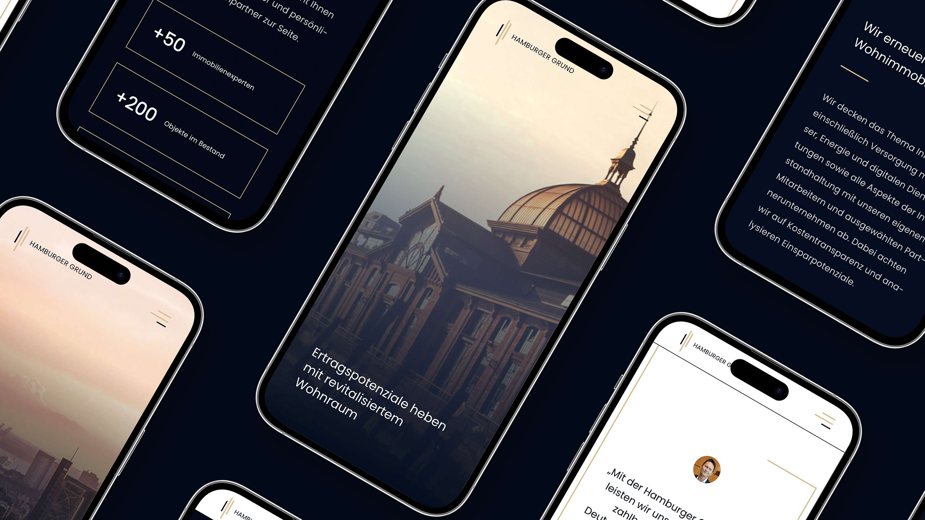 Mockups mehrerer Unterseiten der Website von Hamburger Grund in der mobilen Ansicht in Smartphones