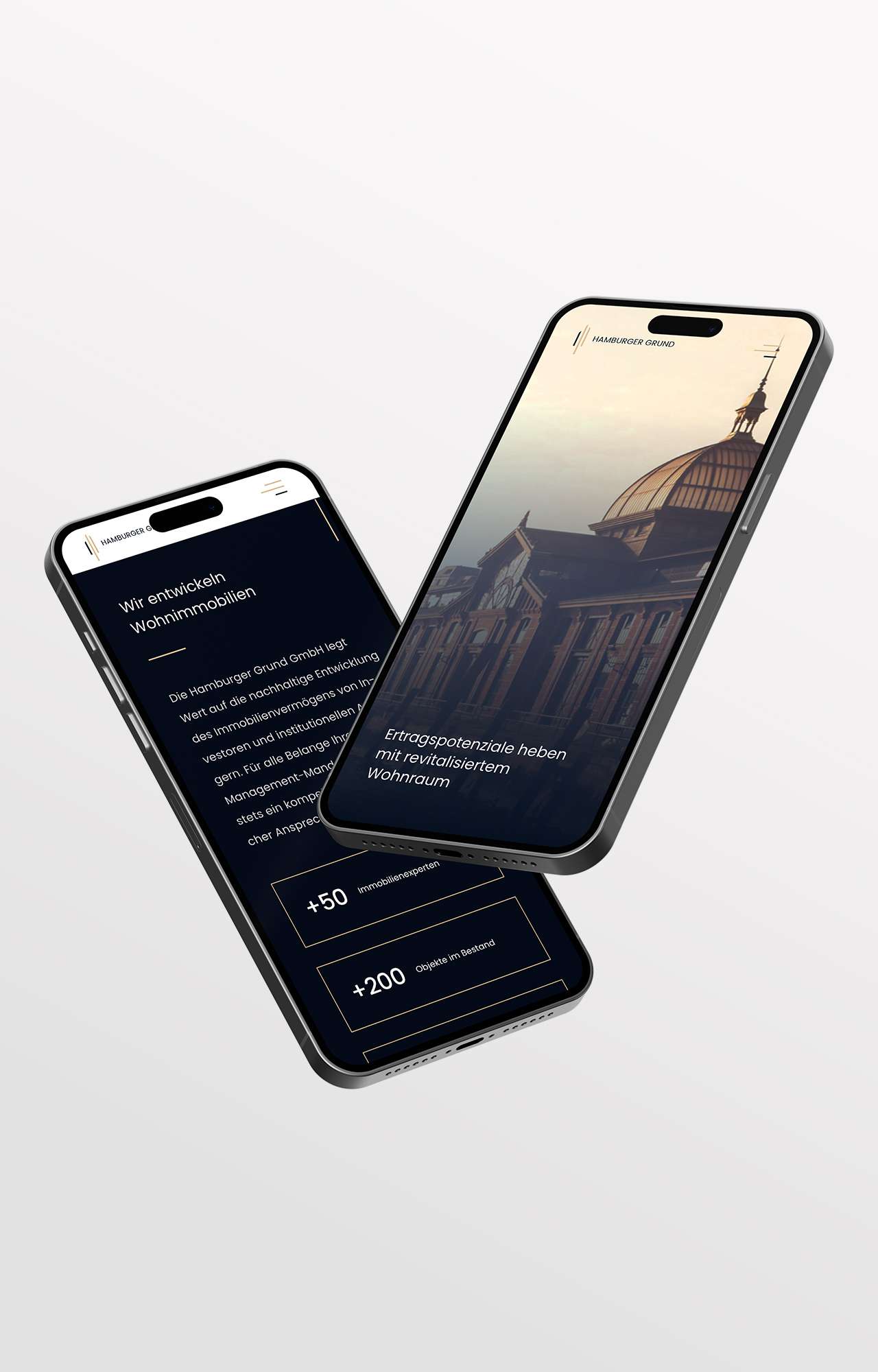 Zwei sich überlagernde Mockups der mobilen Ansicht der Website von Hamburger Grund in Smartphones