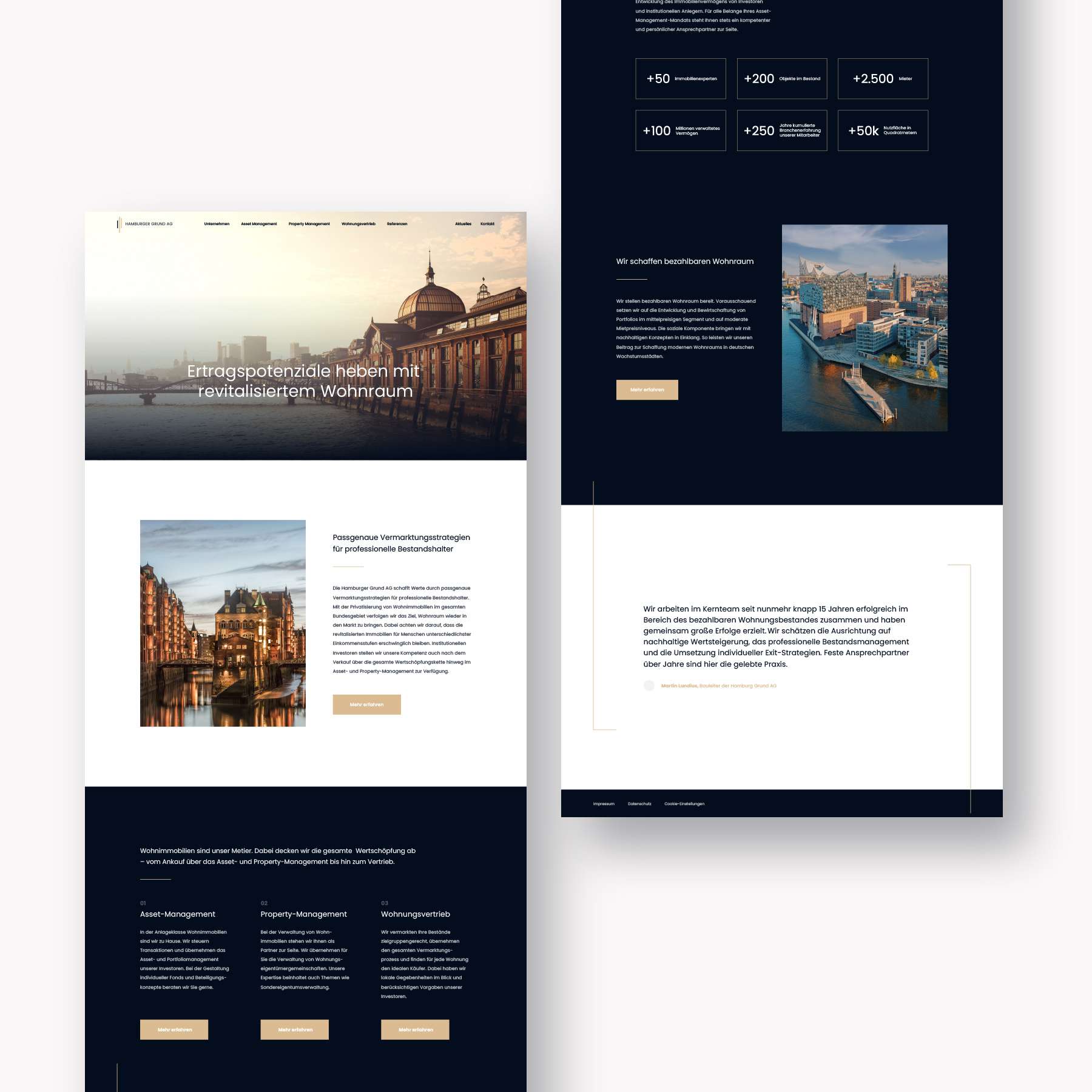 Zwei Screenshots der Website von Hamburger Grund, auf denen mehrere Buildingblocks zu sehen sind.