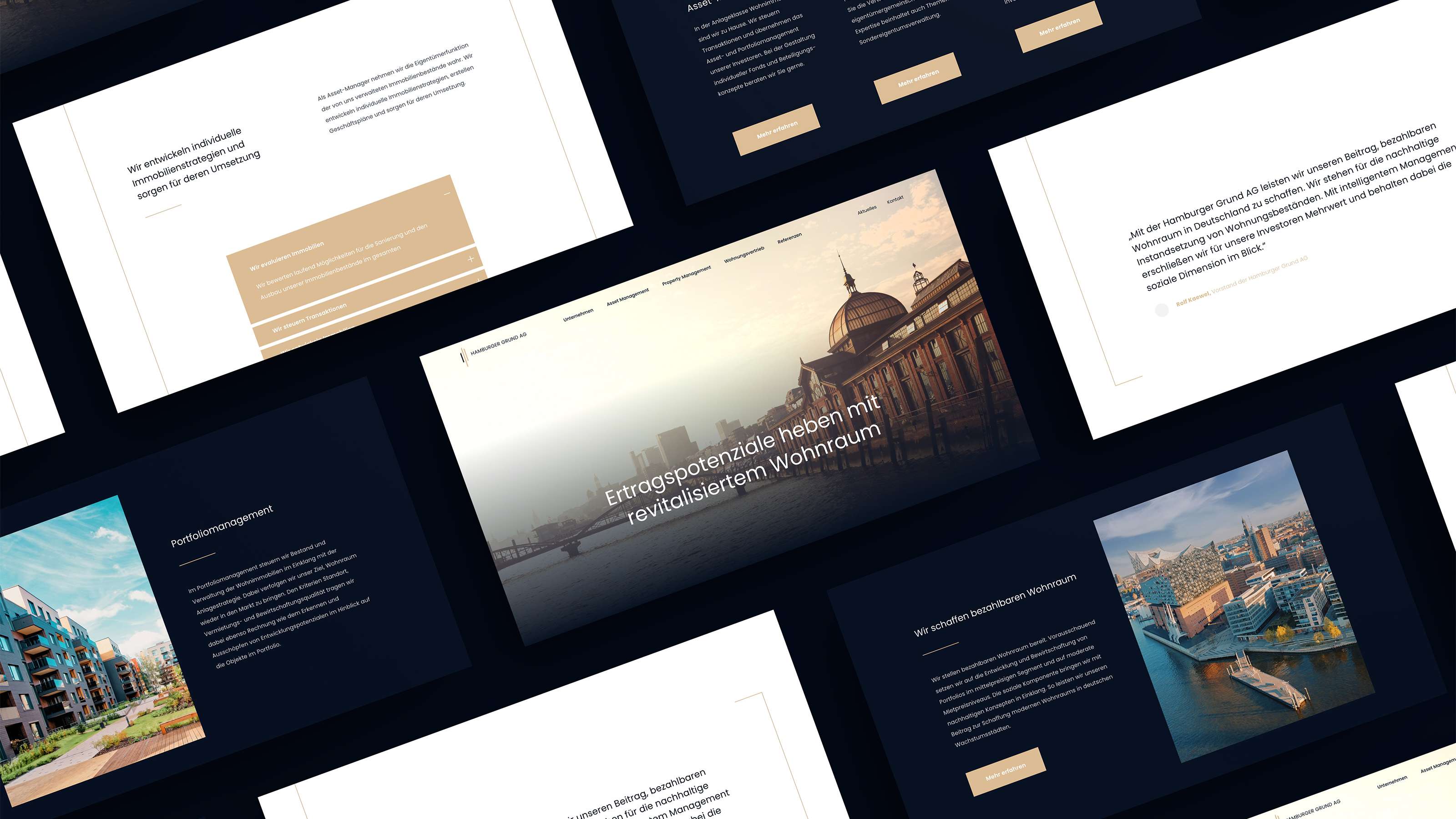 Screenshots der Website von Hamburger Grund: diverse Ansichten von Unterseiten der Website von links nach rechts (querkant) laufend