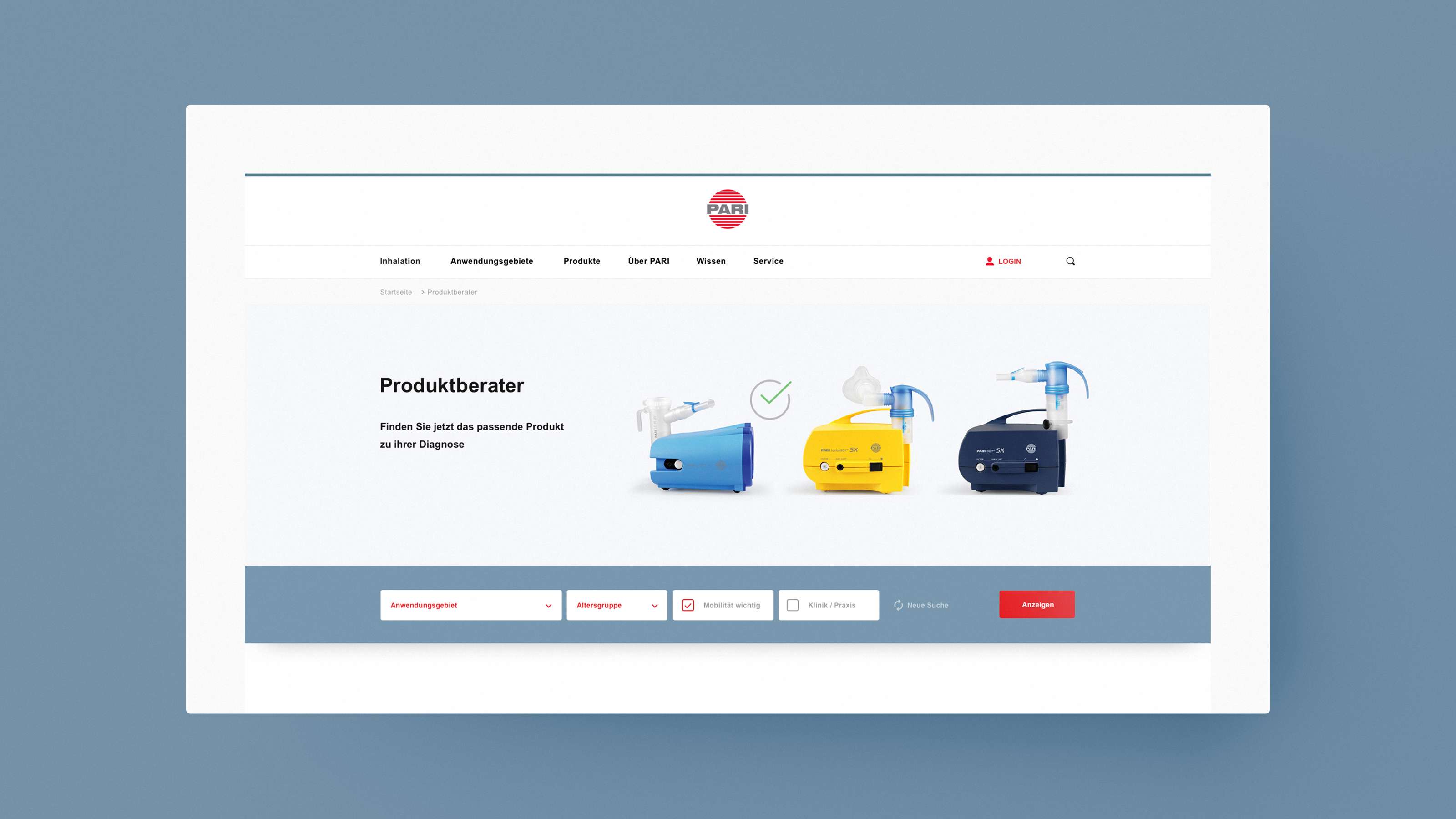 Screenshot des Produktberaters auf der PARI-Website auf dem drei Inhalationsgeräte abgebildet sind und mittels vierer unterschiedlicher Filter auf das individuell benötigte Gerät gefiltert werden kann