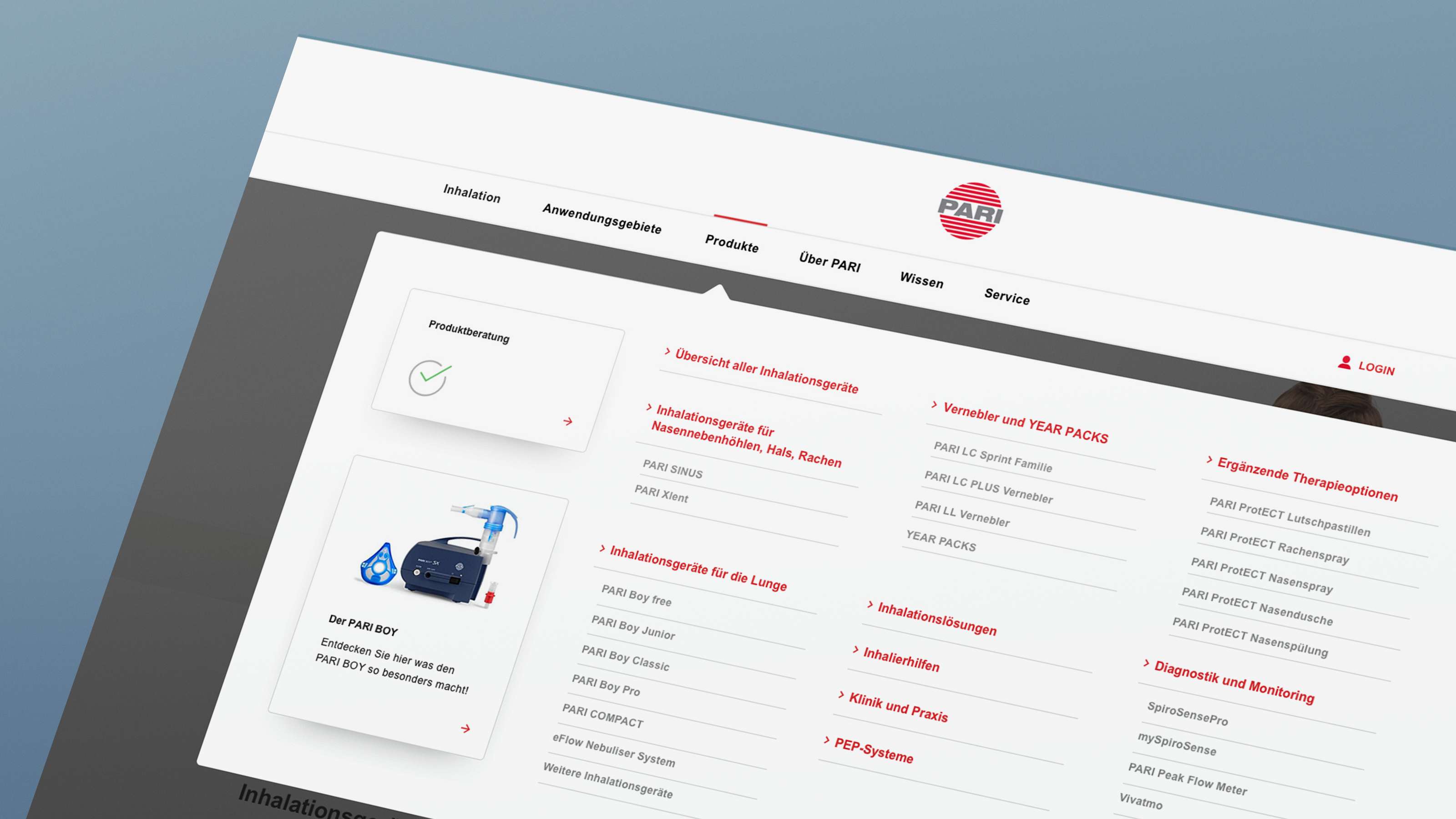 Angeschnittener Screenshot einer Detailansicht des übersichtlich aufgebauten aber umfangreichen Submenüs „Produkte“ mit Zwischenüberschriften auf der PARI-Website