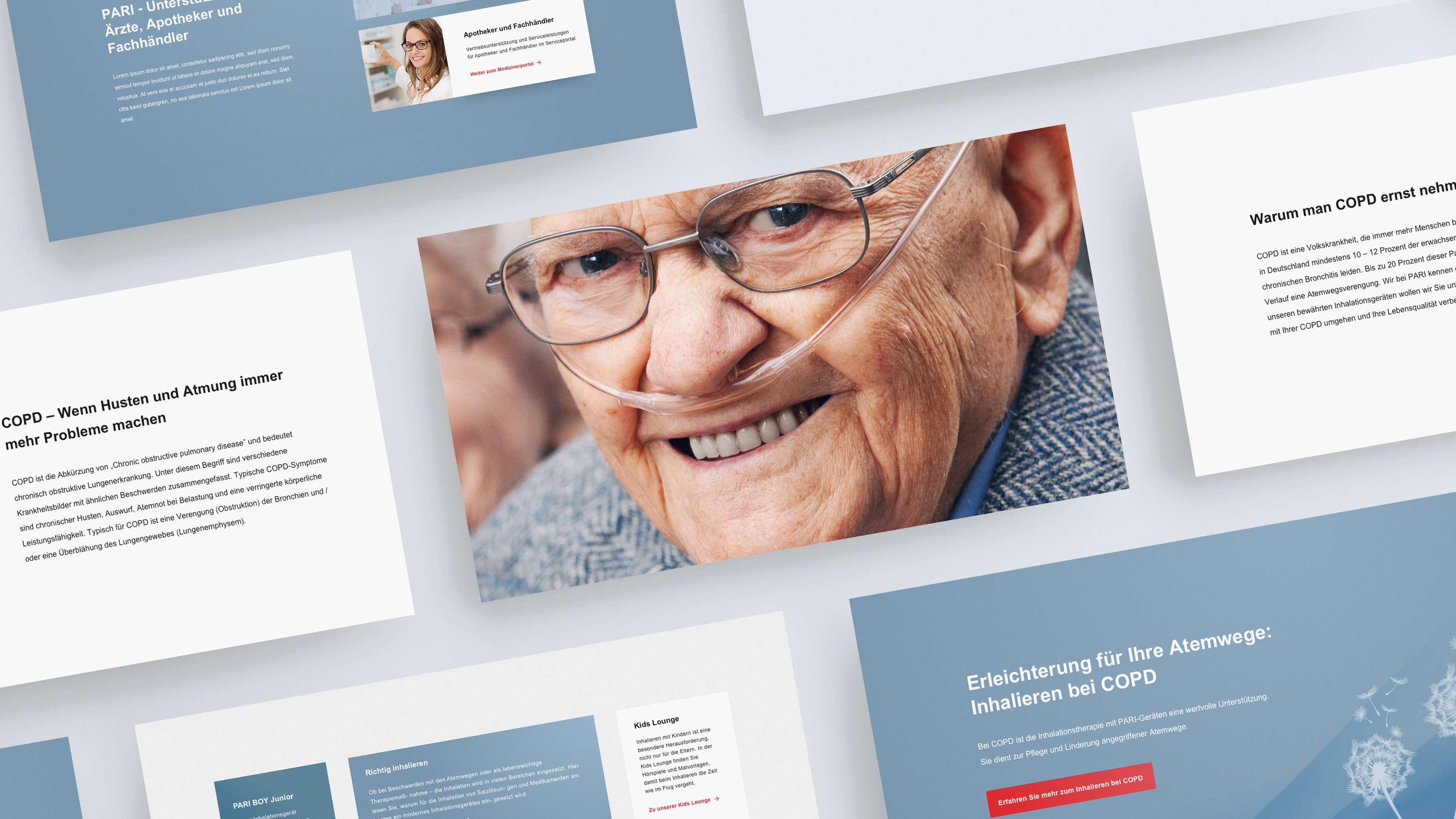 Screenshots diverser Module auf der PARI-Website mit Einblick in Bildmotive: Ein älterer Mann mit Brille hat einen Sauerstoffschlauch in der Nase und lächelt