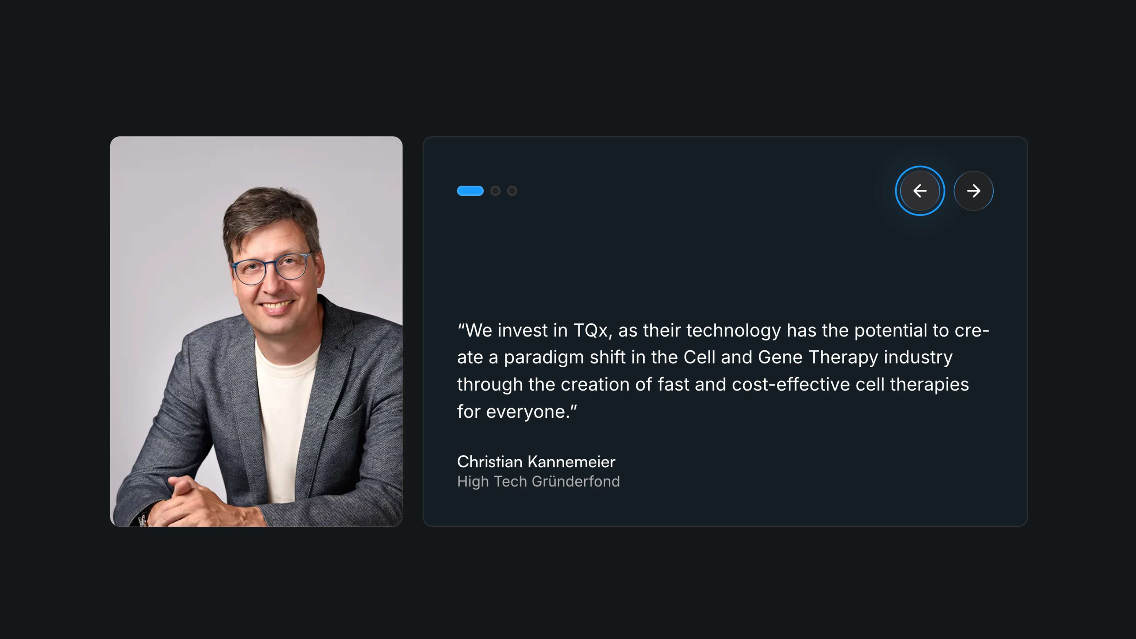 Porträt von Christian Kannemeier (High Tech Gründerfond) in einem grauen Blazer, neben einem Zitat zu TQx: 