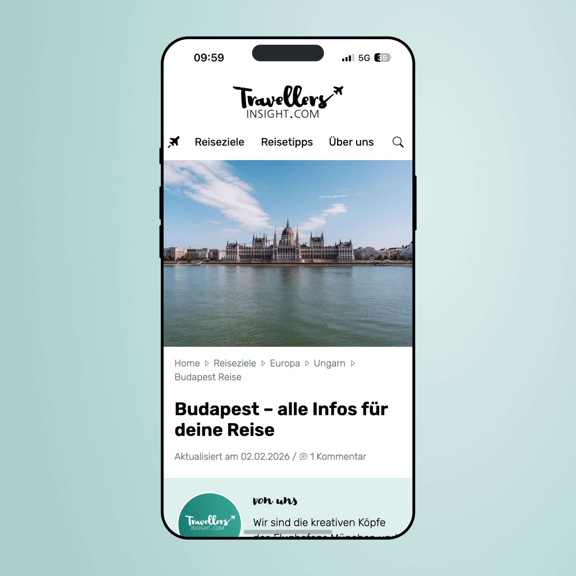 Handybildschirm der Website Travellers Insight mit Artikel über 12 Geheimtipps für Budapest.